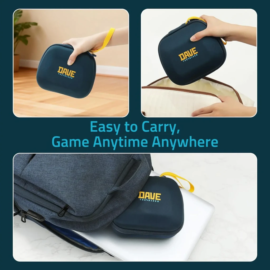 Funda FUNLAB para Mando Inalámbrico Switch/PS5/XBOX Dave Collab Edition en color azul marino con logo DAVE amarillo, compacta, asa amarilla y portátil