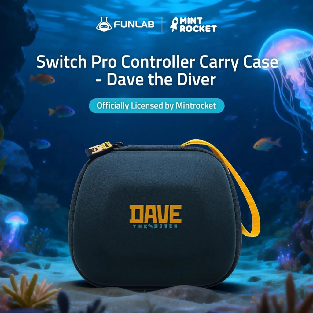 Funda FUNLAB para Mando Inalámbrico Switch PS5 XBOX Dave Collab Edition con diseño Dave the Diver, material acolchado azul marino y asa amarilla desmontable