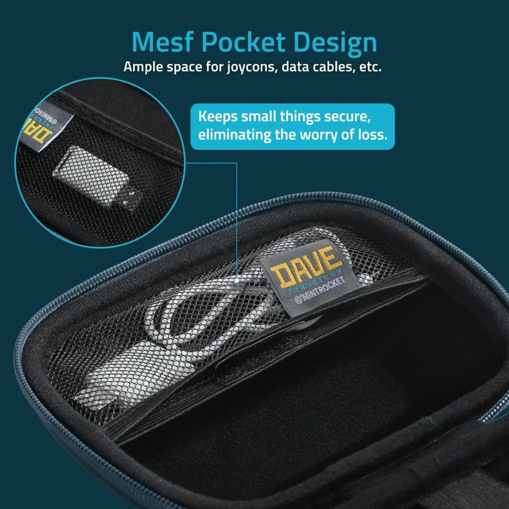 Bolsillo de malla interior con cremallera en funda FUNLAB Dave Collab Edition, ideal para joy-cons, cables y accesorios; mantiene objetos seguros y organizados.