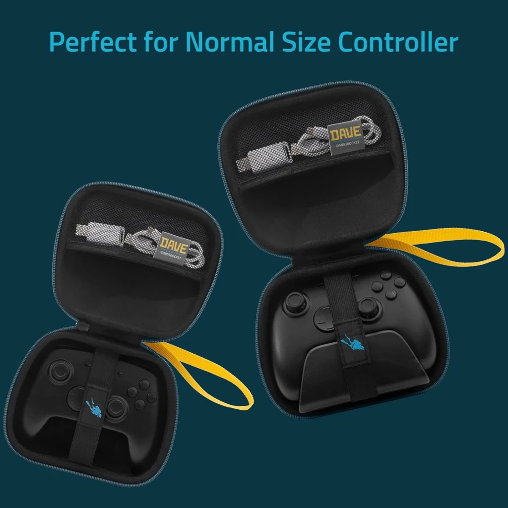 Funda FUNLAB para Mando Inalámbrico Switch/PS5/XBOX Dave Collab Edition con estuche rígido negro, correa elástica, bolsillo para cable y asa amarilla