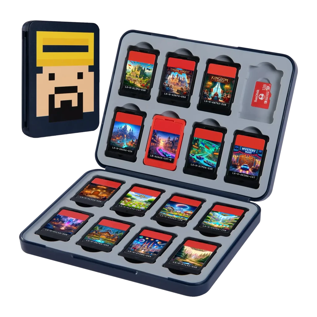 Estuche FUNLAB Switch Game Card Holder Dave Collab Edition con 24 ranuras para tarjetas y microSD, diseño pixelado de Dave y cierre magnético compacto