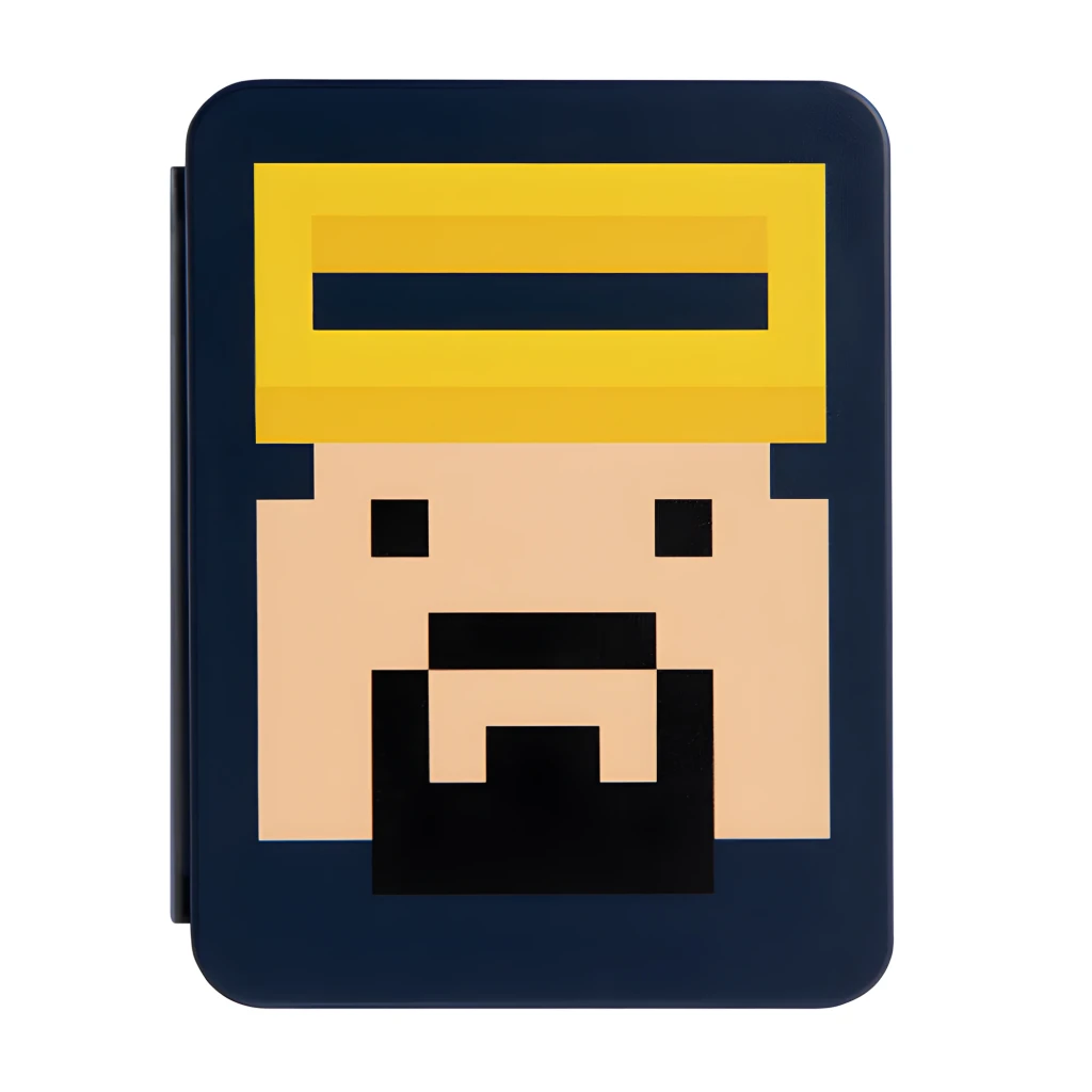 Estuche porta tarjetas Switch FUNLAB Dave Collab Edition con diseño pixelado en azul marino y rostro 8 bits con gorra amarilla y barba, compacto y resistente
