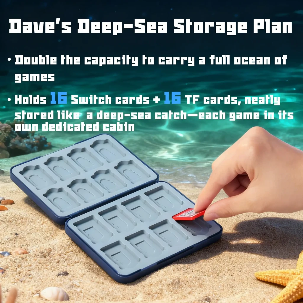 Porta tarjetas FUNLAB Switch Game Card Holder Dave Collab Edition, estuche azul plegable con 16 ranuras para juegos y 16 para microSD, diseño marino elegante