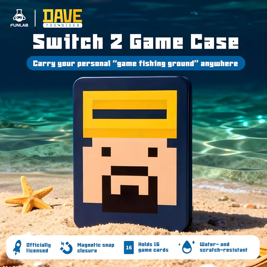 Porta tarjetas FUNLAB Switch Game Card Holder Dave Collab Edition en metal azul con diseño pixelado de Dave, cierre magnético, capacidad para 16 tarjetas,
