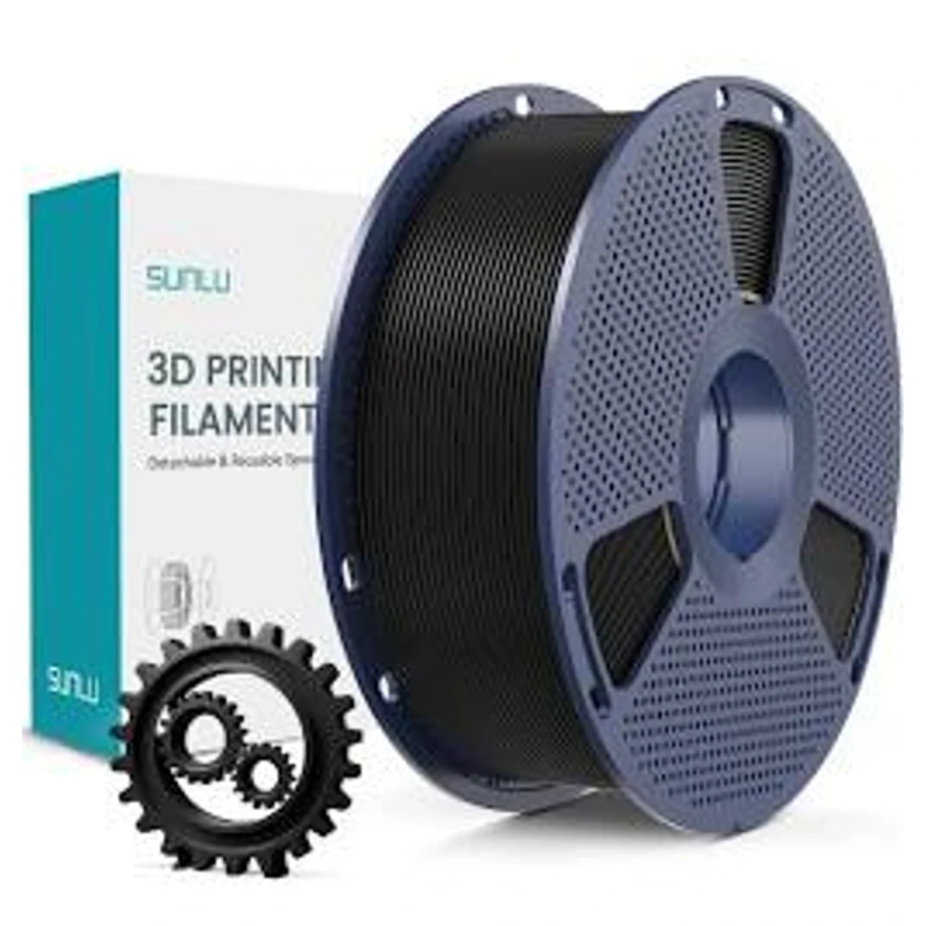 Carrete de filamento PLA+ negro 1.75 mm de SUNLU, 1 kg, bobina perforada azul con filamento uniforme y tolerancia ±0.02 mm, incluye engranes impresos 3D