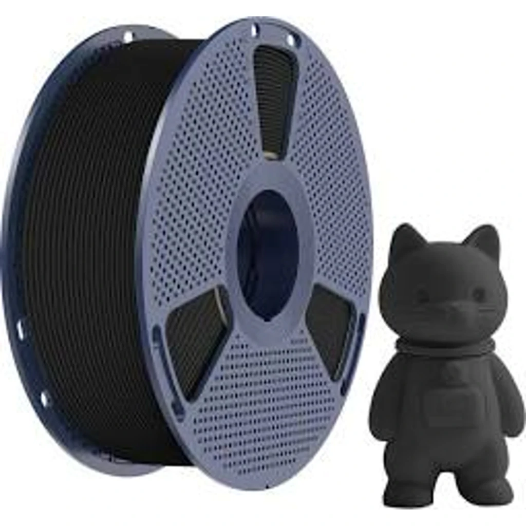 Bobina de filamento PLA+ negro 1.75 mm 1 kg SUNLU con tolerancia ±0.02 mm, carrete perforado azul y muestra impresa en forma de gato negro