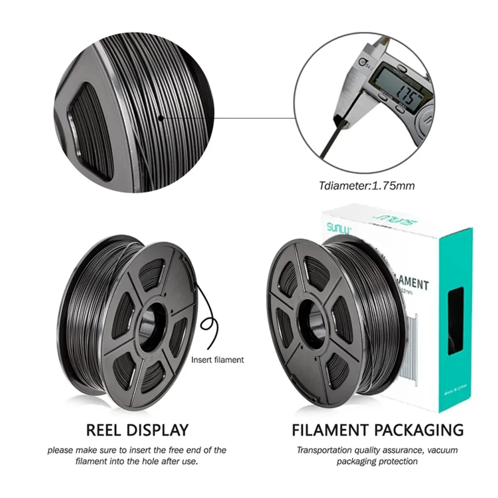 Bobina de filamento PLA+ negro 1.75 mm, carrete gris con ranuras visibles. Medición de diámetro 1.75 mm y empaque SUNLU en caja con sellado al vacío
