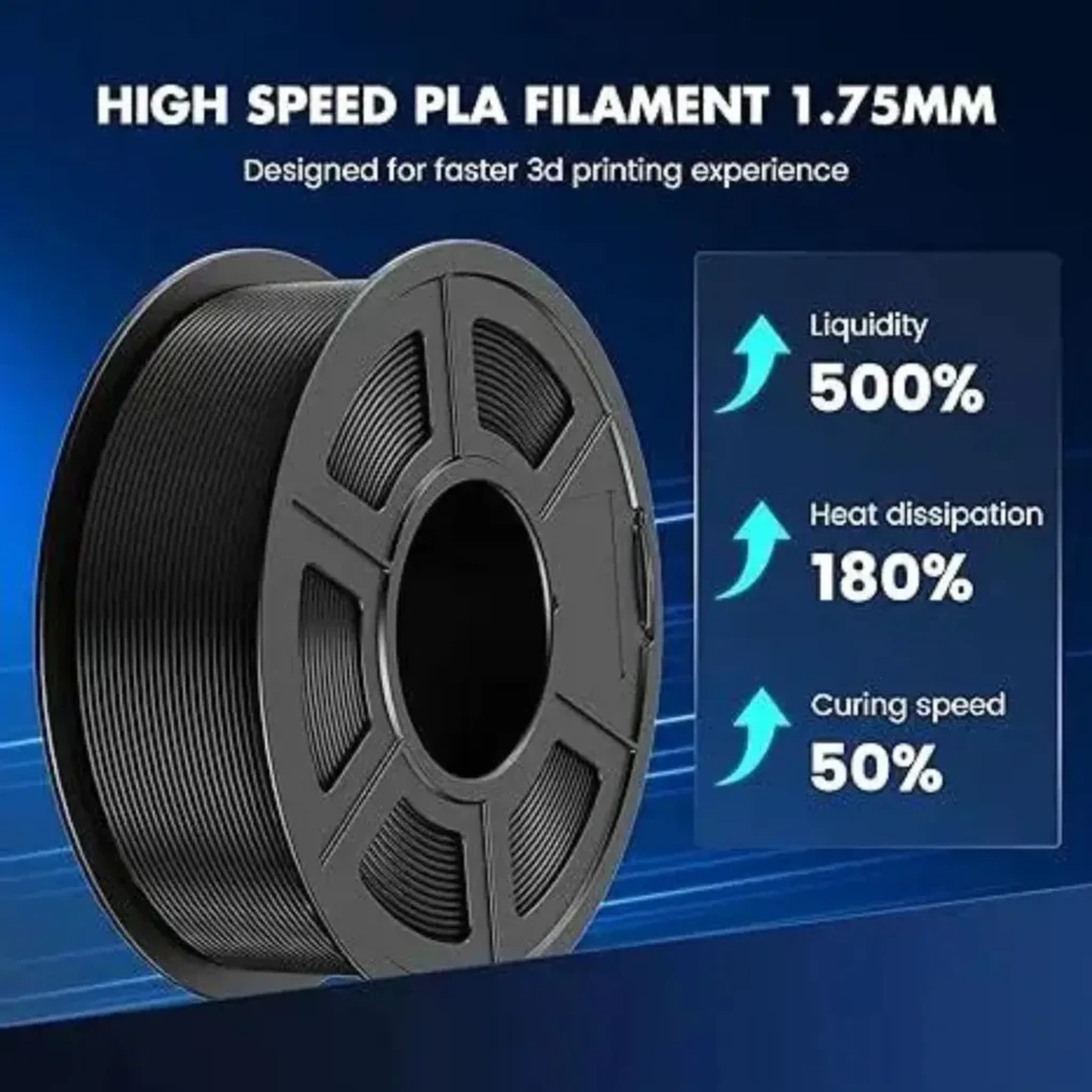 Bobina de filamento PLA+ negro 1.75 mm SUNLU, 1 kg. Carrete negro con filamento uniforme y liso, ideal para impresión 3D precisa y de alta velocidad.