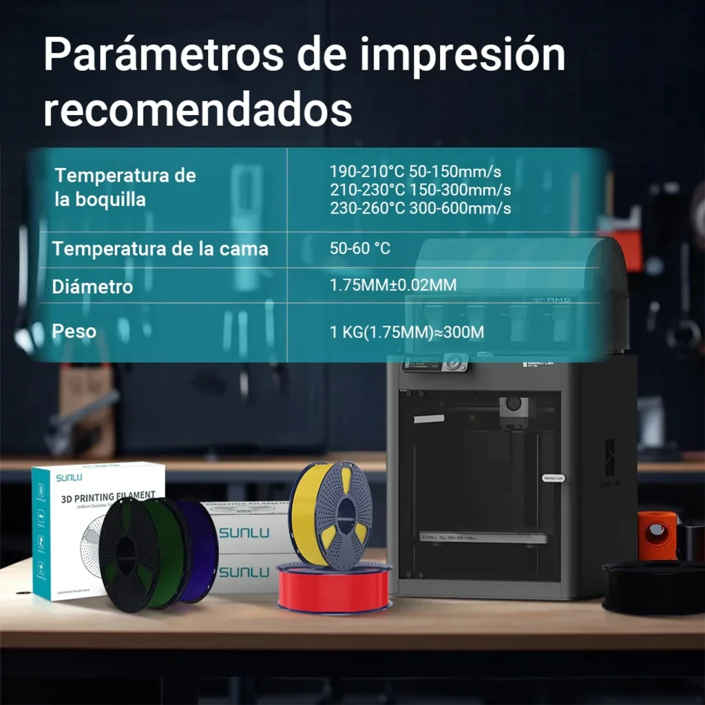 Carrete de filamento PLA+ negro SUNLU 1.75 mm, 1 kg, tolerancia ±0.02 mm. Superficie lisa, acabado uniforme, ideal para impresiones 3D precisas.