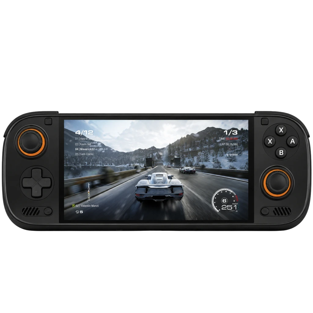 Consola portátil AYN Odin 3 Pro negra con pantalla AMOLED de 6 pulgadas, joysticks con aros naranjas, D-pad y botones frontales integrados