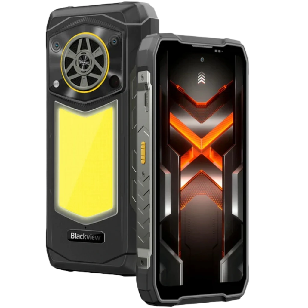 Blackview Rock 5 4G negro robusto con carcasa resistente, módulo trasero tipo altavoz, panel amarillo luminoso y pantalla frontal con diseño X rojo brillante