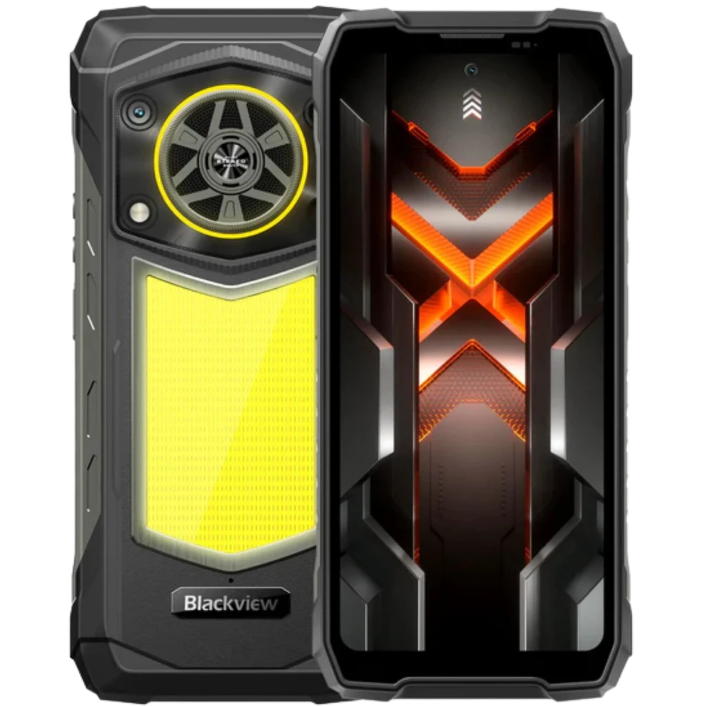 Smartphone robusto Blackview Rock 5 negro con diseño industrial, pantalla con luces rojas y módulo trasero amarillo con gran altavoz y cámara trasera