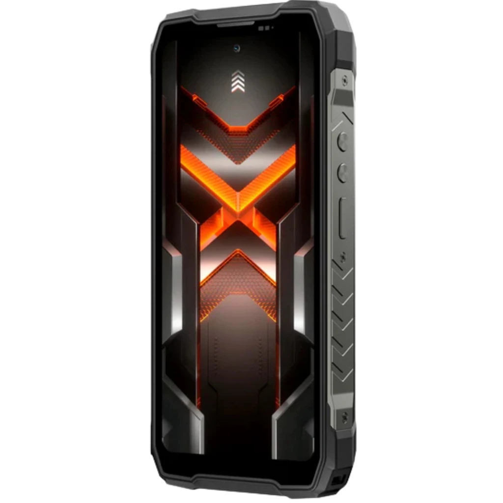 Blackview Rock 5 4G negro con diseño rugerizado, borde metálico antideslizante, botones laterales físicos y pantalla con gráficos rojos y naranjas