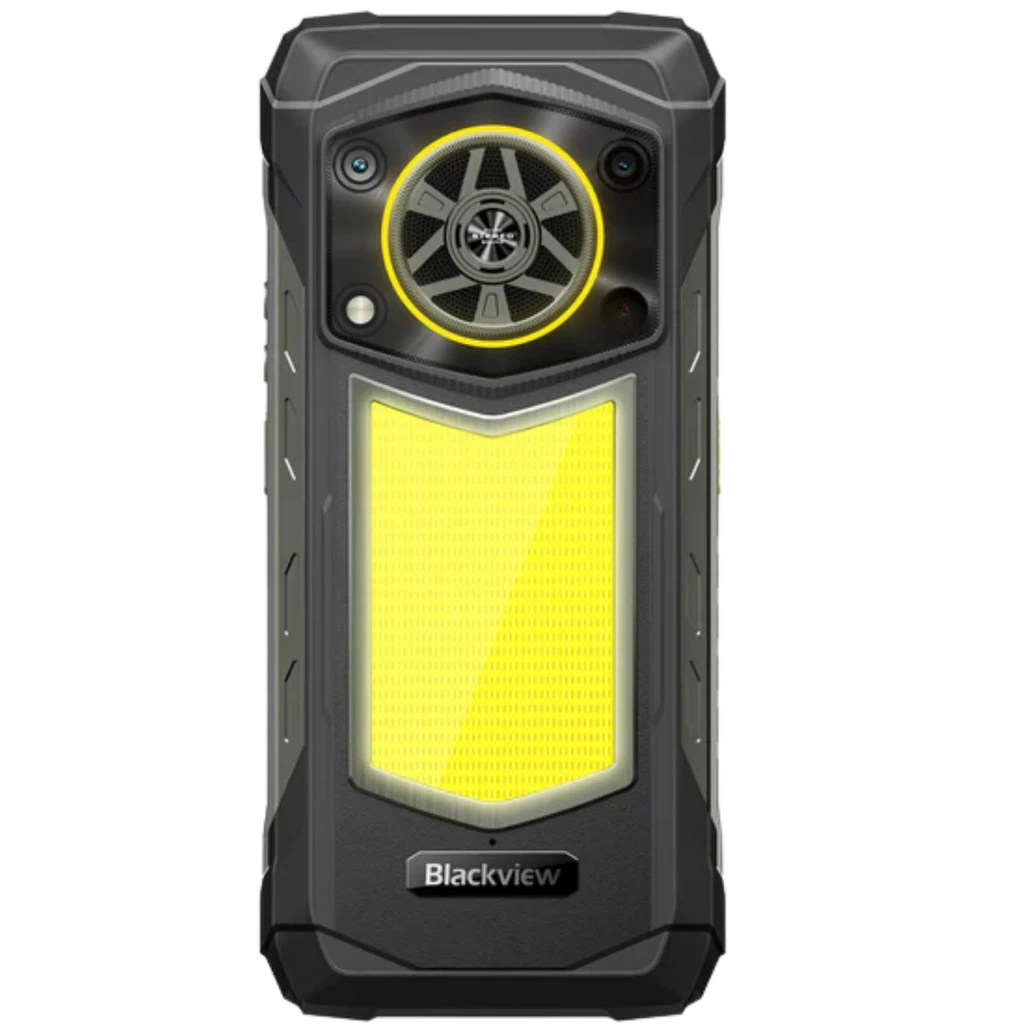 Blackview Rock 5 4G negro robusto con panel trasero amarillo antideslizante, gran altavoz circular con aro LED, doble cámara y carcasa reforzada