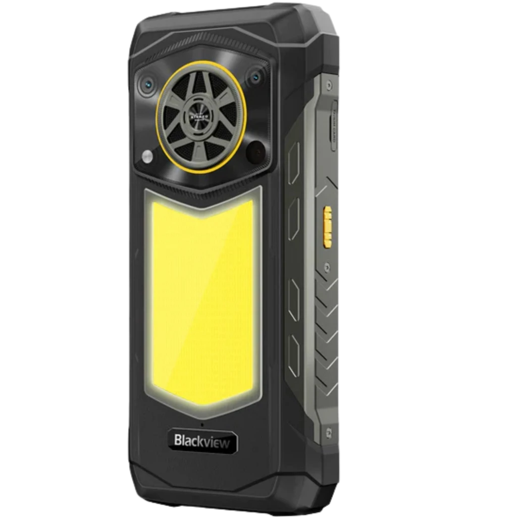Smartphone resistente Blackview Rock 5 negro con cuerpo robusto, gran altavoz trasero tipo turbina, panel amarillo reflectante y bordes reforzados anti golpes