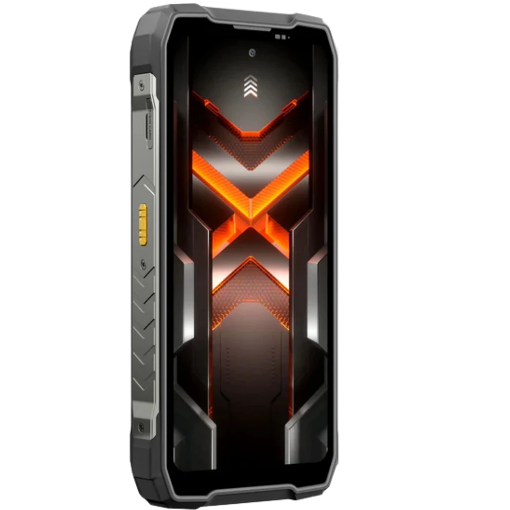 Blackview Rock 5 4G negro con diseño robusto, bordes reforzados y pantalla con gráficos naranjas en X; laterales metálicos y botón lateral visible