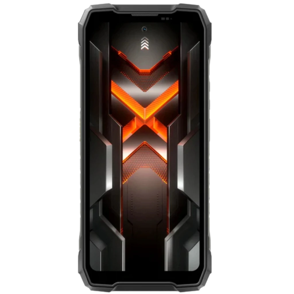 Blackview Rock 5 4G negro con diseño robusto, bordes reforzados y frontal con detalles luminosos naranjas tipo X; pantalla grande y cuerpo resistente