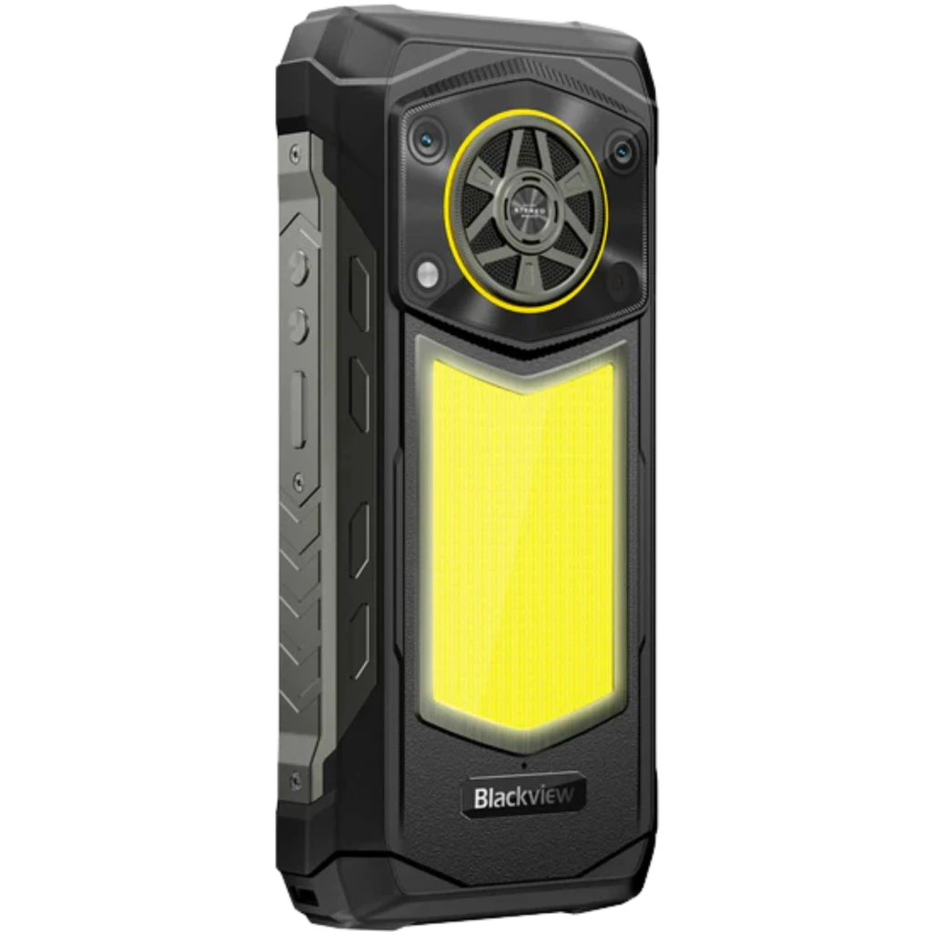 Blackview Rock 5 4G negro robusto con carcasa reforzada, panel trasero amarillo brillante, altavoz trasero grande circular y botones laterales texturizados