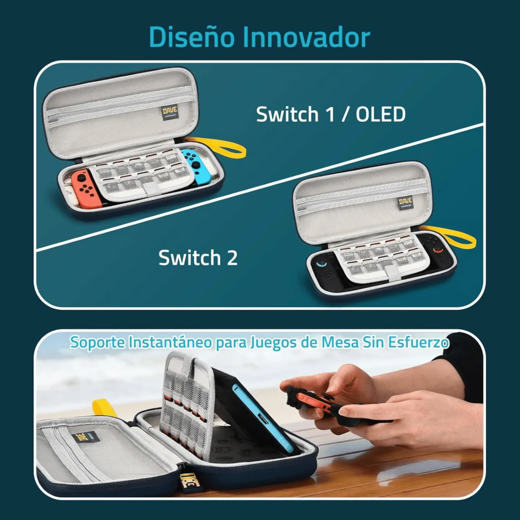 Estuche rígido FUNLAB Dave the Diver para Switch 2/1/OLED en EVA gris, cierre con cremallera, asa amarilla, soporte plegable y 10 ranuras para cartuchos
