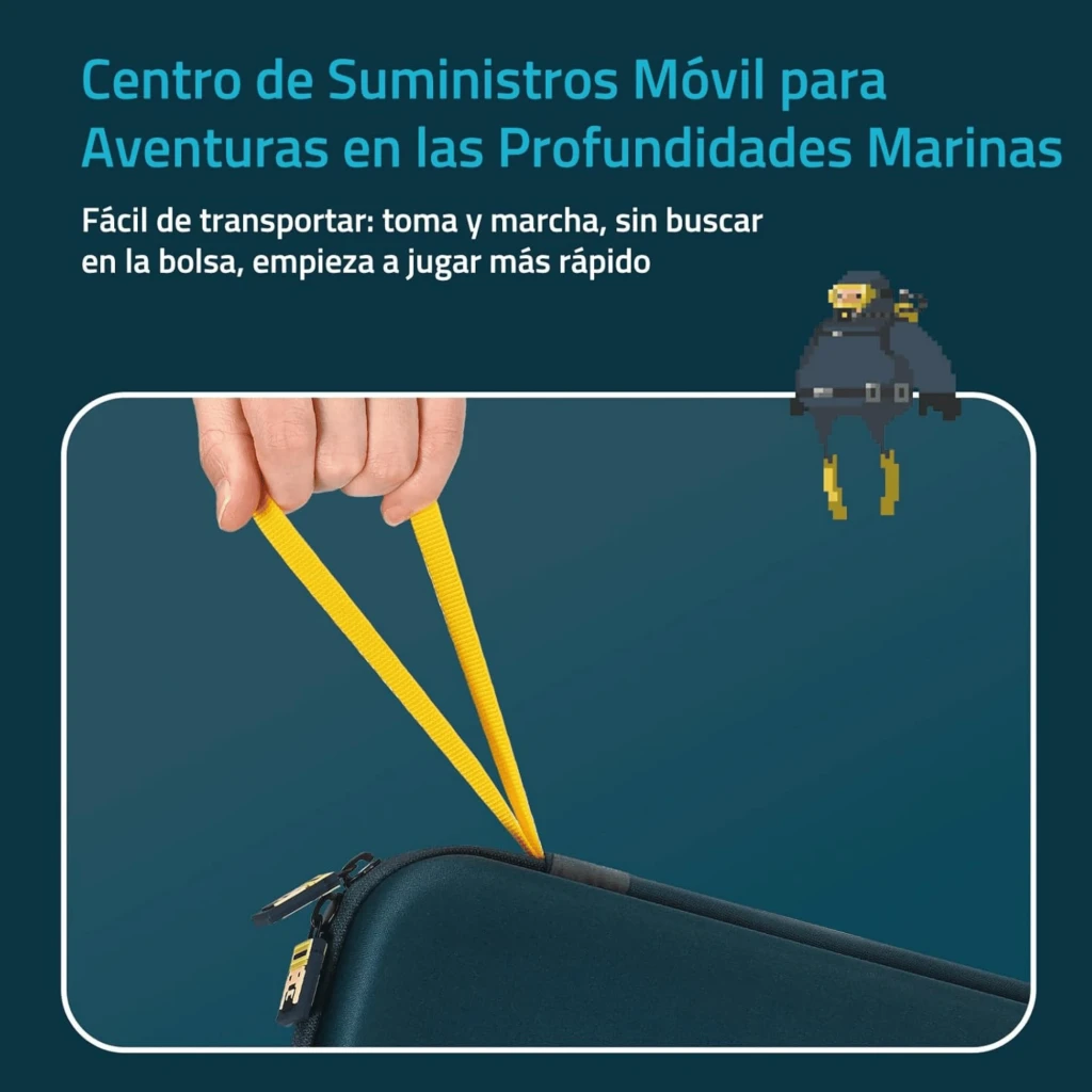 Estuche rígido FUNLAB Dave the Diver para Switch 2/1/OLED con exterior EVA, cremallera resistente y correa amarilla de mano; capacidad para 10 cartuchos