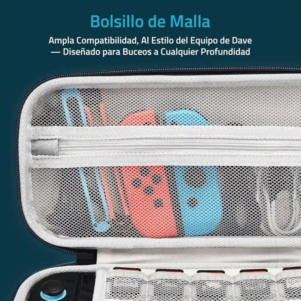 Estuche rígido FUNLAB Dave the Diver para Switch 2/1/OLED con bolsillo de malla, 10 ranuras para cartuchos, cremalleras dobles y espacio para accesorios