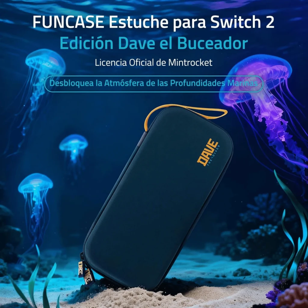 Estuche rígido azul marino con logo DAVE en dorado, cremallera y correa amarillas; diseño inspirado en el océano para Switch 2/1/OLED con 10 ranuras