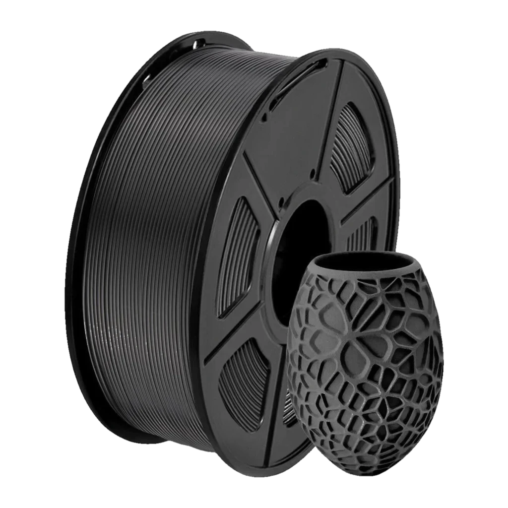 Carrete negro de filamento PETG 1.75 mm con bobina robusta y acabado mate, junto a muestra impresa tipo jarrón con patrón geométrico intrincado