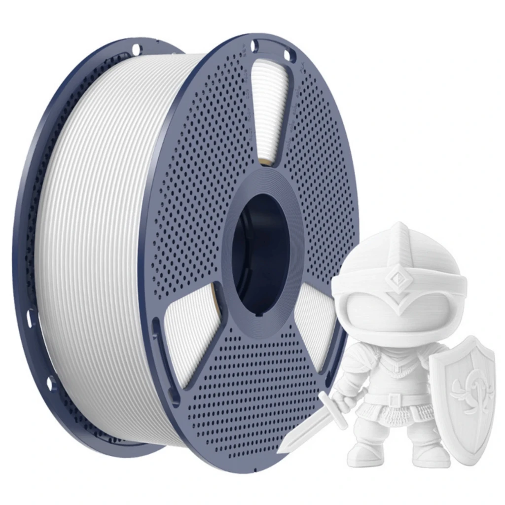 Filamento Sunlu PLA Plus blanco 1.75 mm 1 kg ±0.02 mm, carrete azul ventilado; muestra de impresión en miniatura detallada. Rango 200–230 °C