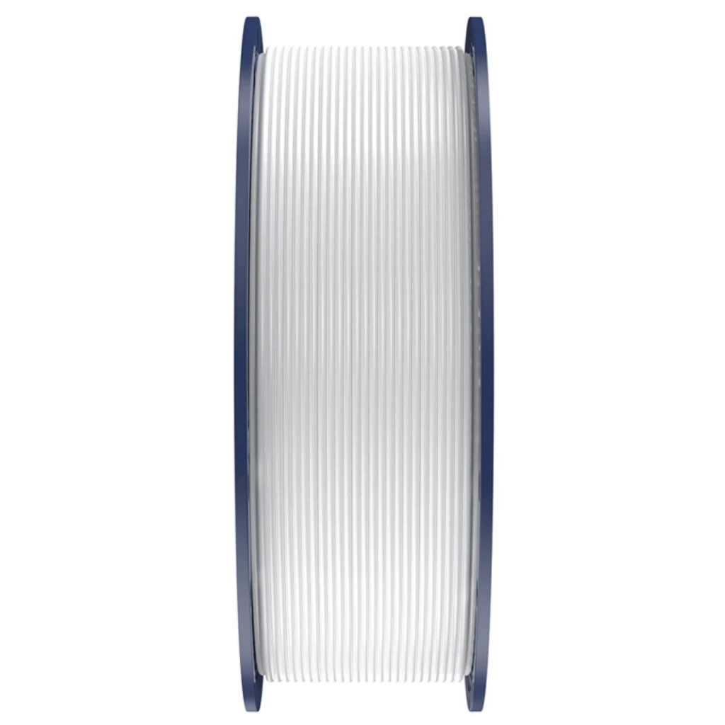 Carrete de filamento blanco 1.75 mm en bobina azul, enrollado uniformemente; material PLA Plus, superficie lisa y consistente para impresión 3D precisa