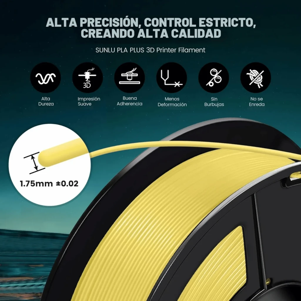 Carrete de filamento Sunlu PLA Plus amarillo 1.75 mm ±0.02 mm para impresión 3D, superficie lisa, sin burbujas, alta precisión y menos deformación