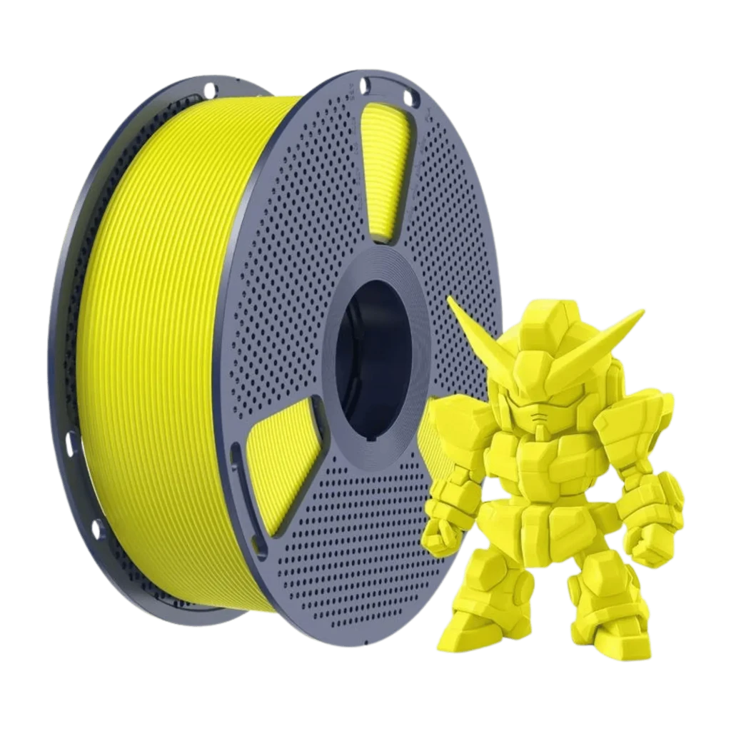 Filamento Sunlu PLA Plus amarillo 1.75 mm 1 kg ±0.02 mm, carrete gris ventilado y mini figura impresa tipo robot, acabado liso brillante, 200–230 °C