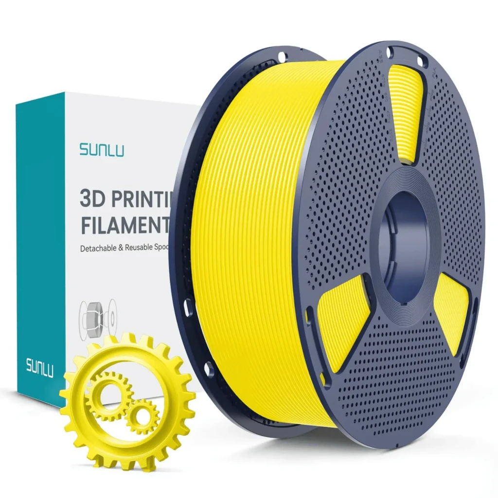 Bobina Sunlu PLA Plus amarillo 1.75 mm 1 kg ±0.02 mm, carrete gris con paneles ventilados; incluye engranaje impreso de muestra. Rango 200–230 °C