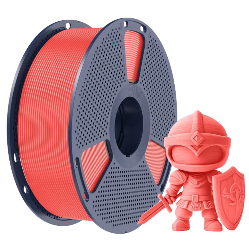 Bobina de filamento PLA Plus color cherry 1.75 mm con carrete negro perforado y muestra impresa de caballero detallado, acabado mate uniforme
