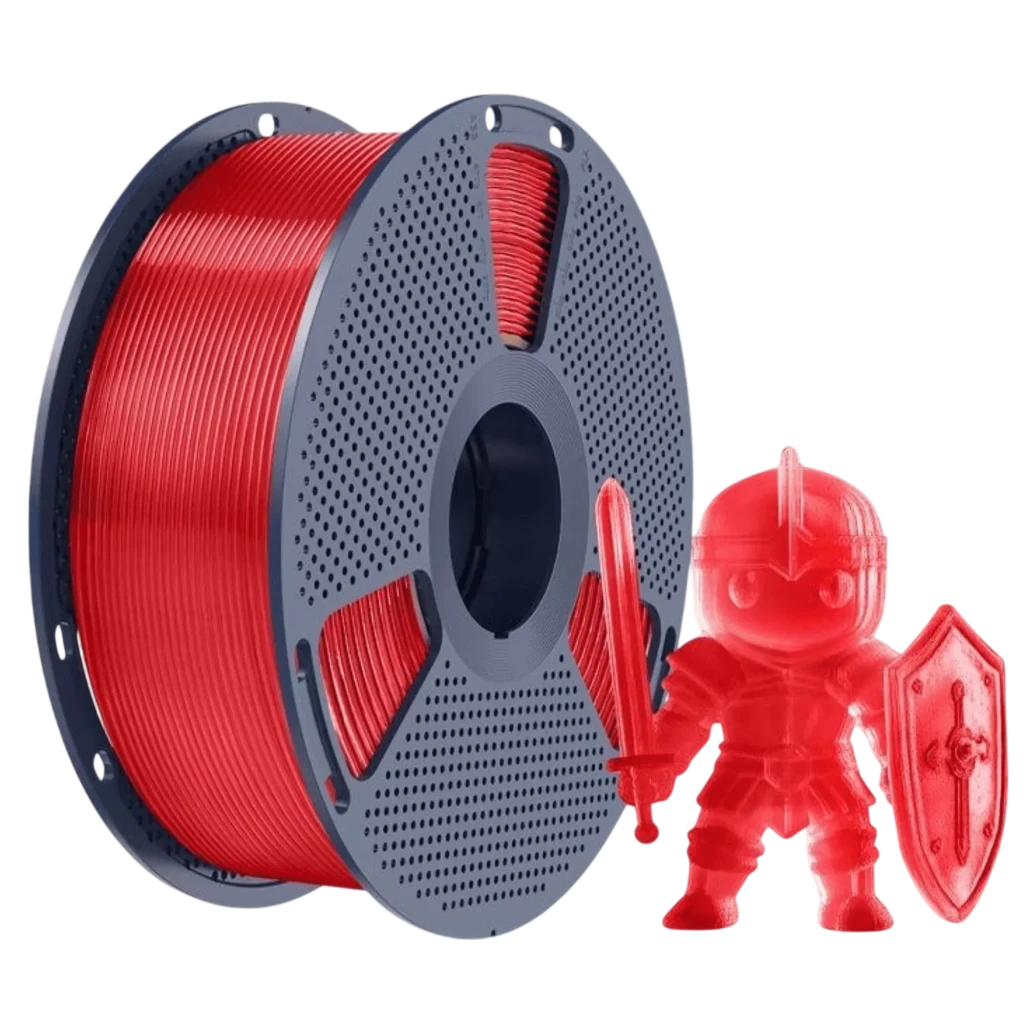 Carrete de filamento PLA Plus rojo transparente 1.75 mm, 1 kg, tolerancia ±0.02 mm; muestra una mini figura impresa brillante junto al carrete