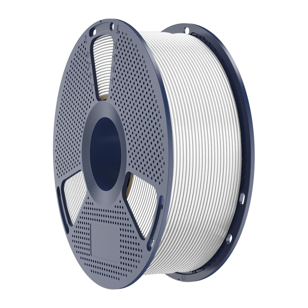 Carrete de filamento PETG blanco Sunlu 1.75 mm, 1 kg, tolerancia ±0.02 mm; bobina perforada en gris oscuro con enrollado uniforme y acabado mate