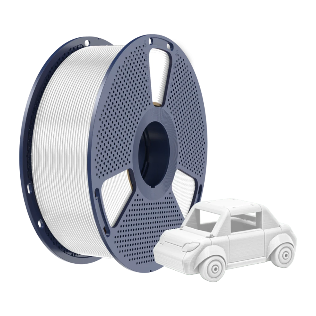Filamento Sunlu PETG Blanco 1.75mm 1kg ±0.02mm en bobina azul perforada, hilo liso y uniforme; muestra de impresión en mini auto blanco detallado