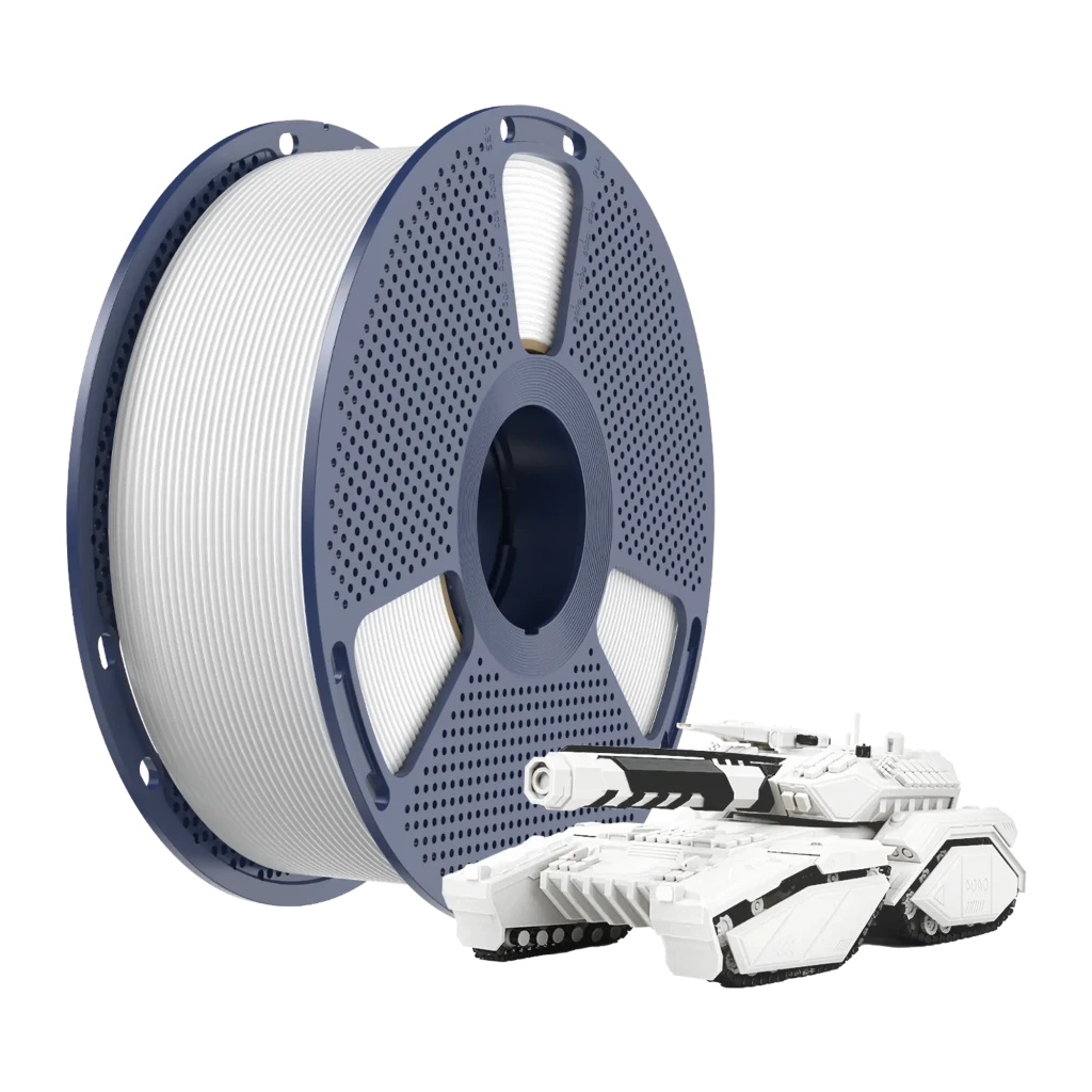 Bobina de filamento PETG blanco 1.75 mm, 1 kg, tolerancia ±0.02 mm; carrete gris ventilado y muestra impresa de tanque detallado junto al carrete
