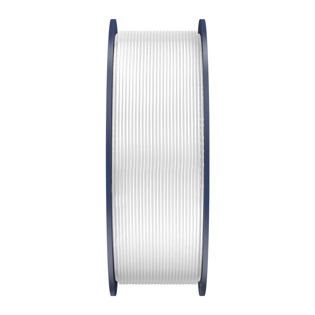 Carrete de filamento blanco Sunlu PETG 1.75 mm, 1 kg, tolerancia ±0.02 mm. Bobina con bordes azul oscuro y filamento uniforme bien enrollado.