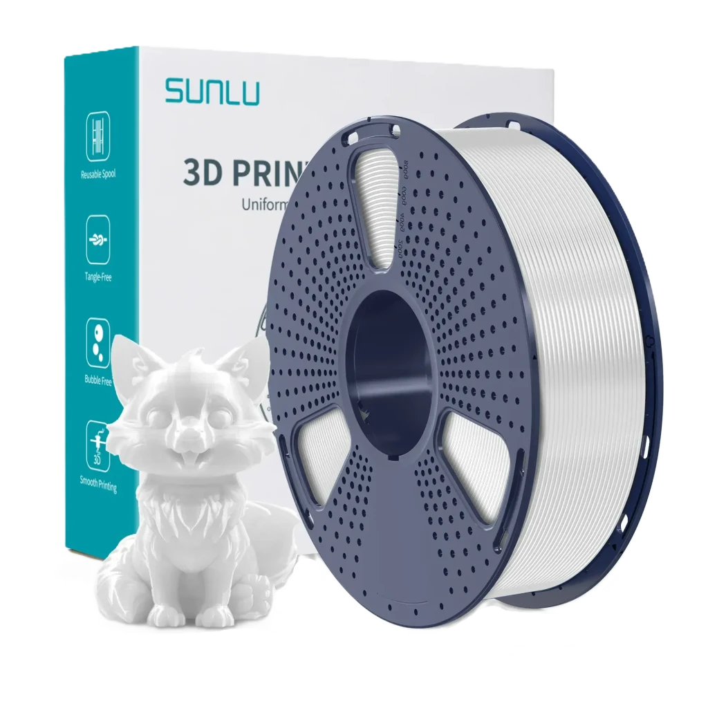 Carrete reutilizable de filamento PETG blanco 1.75 mm con tolerancia ±0.02 mm, bobina azul ventilada y ejemplo de impresión lisa junto a caja Sunlu 3D