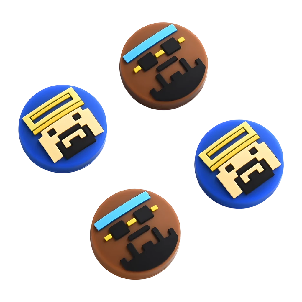 FUNLAB Switch 2 Thumb Grips - Dave Collab Edition com 4 capas de analógico coloridas; rostos pixelados em azul e marrom com detalhes em amarelo e preto