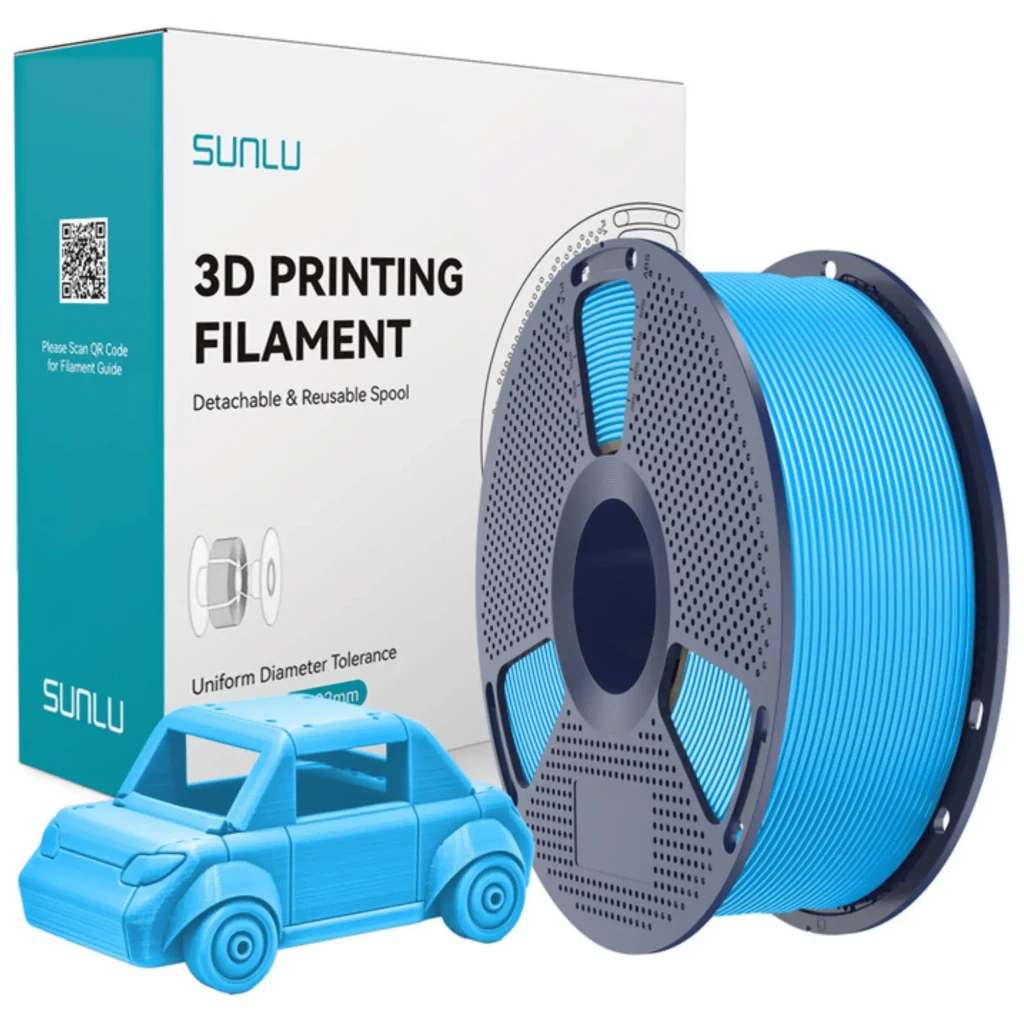 Filamento Sunlu PETG cyan 1.75 mm 1 kg ±0.02 mm en bobina reutilizable, color azul brillante, cordón uniforme; caja y mini auto impresos como muestra