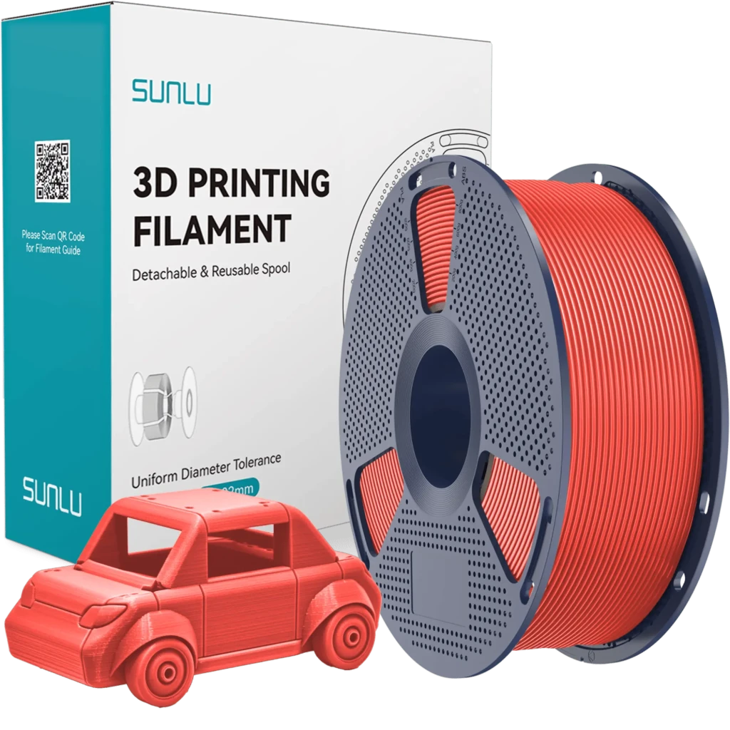 Filamento Sunlu PETG Rojo 1.75mm 1kg ±0.02mm en carrete reutilizable gris; bobina ordenada y muestra de pieza impresa en rojo con acabado brillante