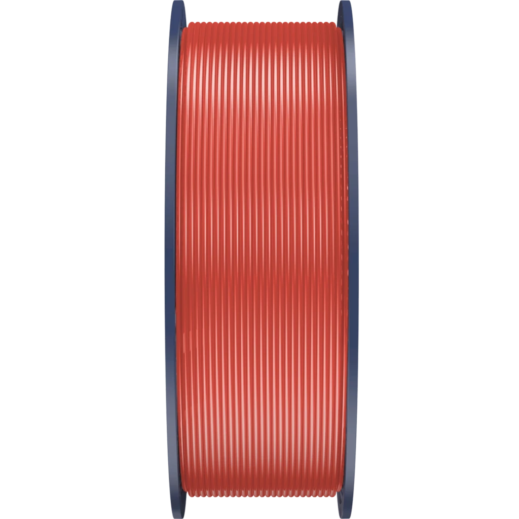 Filamento Sunlu PETG rojo brillante en bobina, diámetro 1.75 mm, carrete azul oscuro, acabado liso y uniforme, tolerancia ±0.02 mm, 1 kg