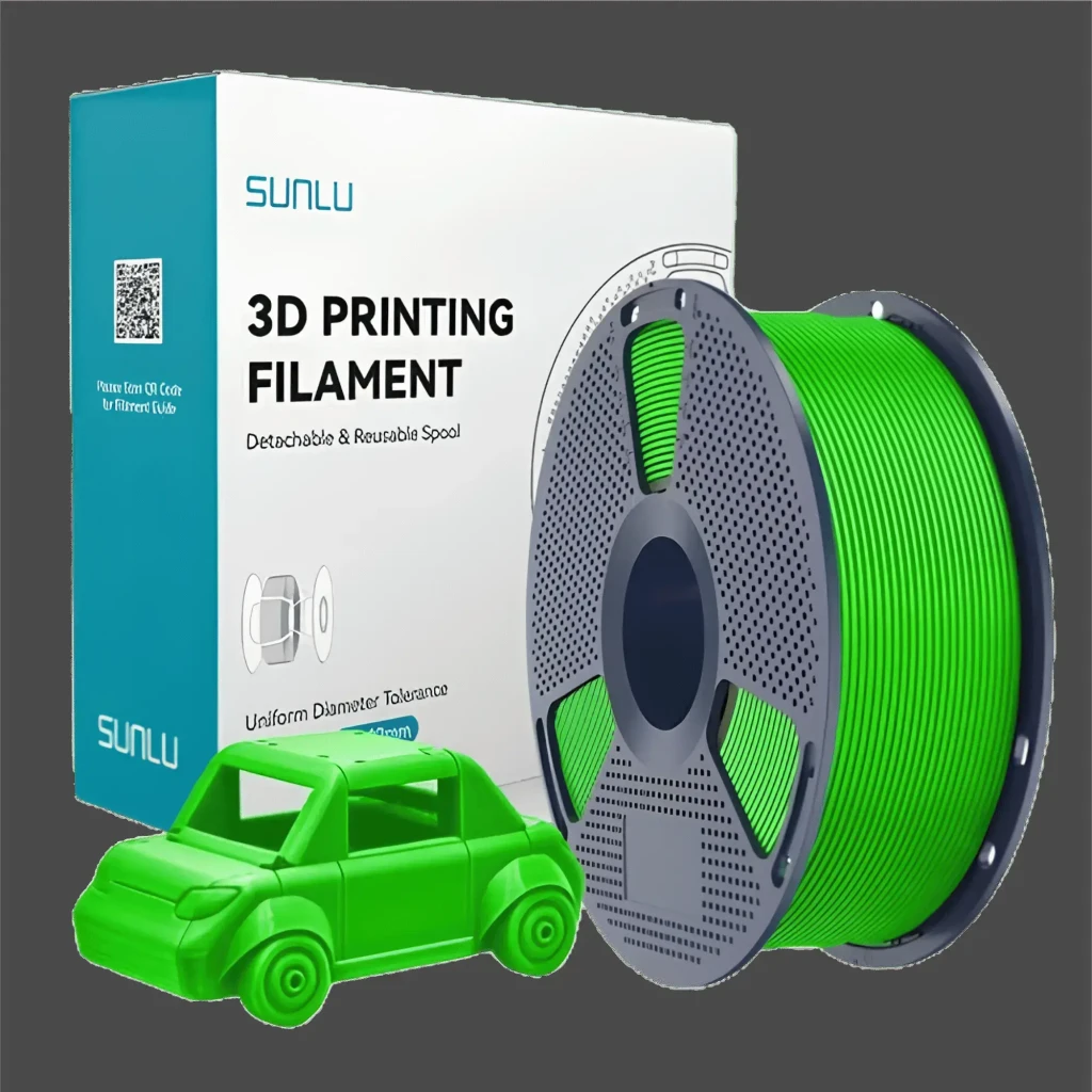 Carrete gris con filamento PETG verde 1.75 mm y tolerancia ±0.02 mm; incluye caja Sunlu y modelo de auto verde impreso, carrete desmontable reutilizable