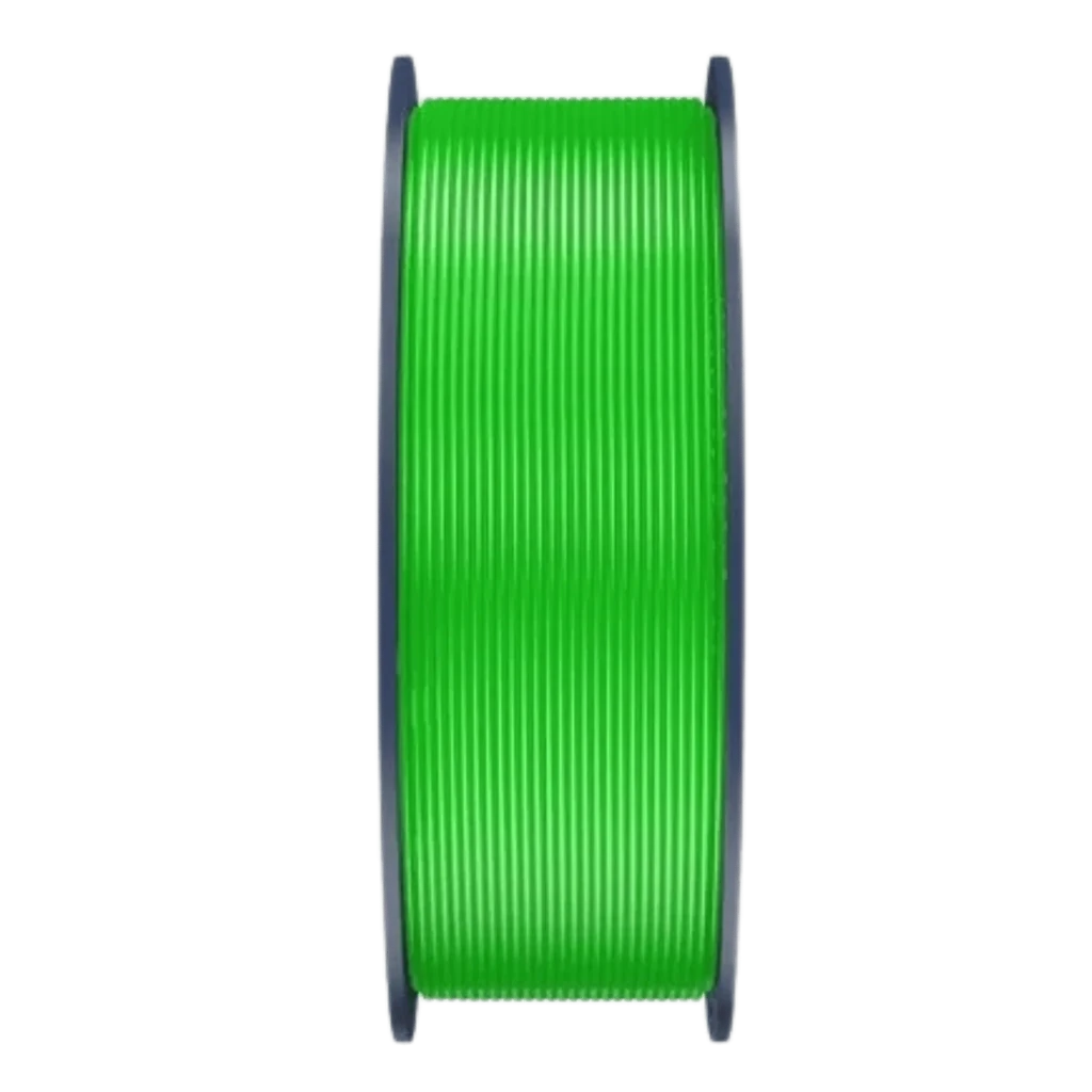 Carrete de filamento PETG verde brillante de 1.75 mm, 1 kg, tolerancia ±0.02 mm, bobina gris oscura con enrollado uniforme y acabado liso vibrante