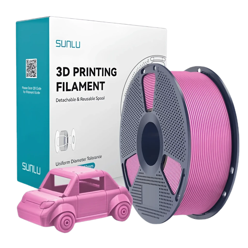 Filamento Sunlu PETG rosa 1.75 mm en carrete reutilizable, bobina perforada gris con muestra de auto impreso rosa, 1 kg, tolerancia ±0.02 mm