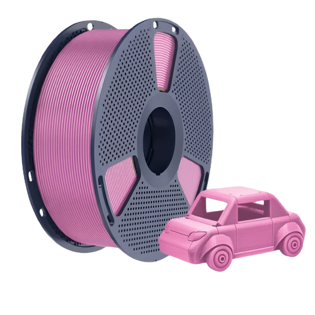 Carrete de filamento PETG rosa Sunlu 1.75 mm, 1 kg, tolerancia ±0.02 mm, bobina gris ventilada y muestra impresa de auto compacto en color rosa