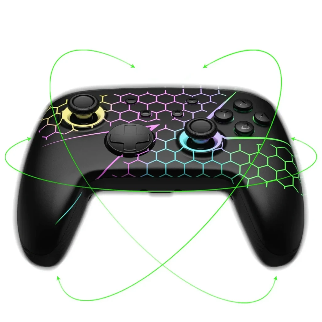 Mando inalámbrico FUNLAB Firefly Pro - Edición Z RGB con panel negro, patrón hexagonal multicolor, joysticks y botones retroiluminados y diseño ergonómico