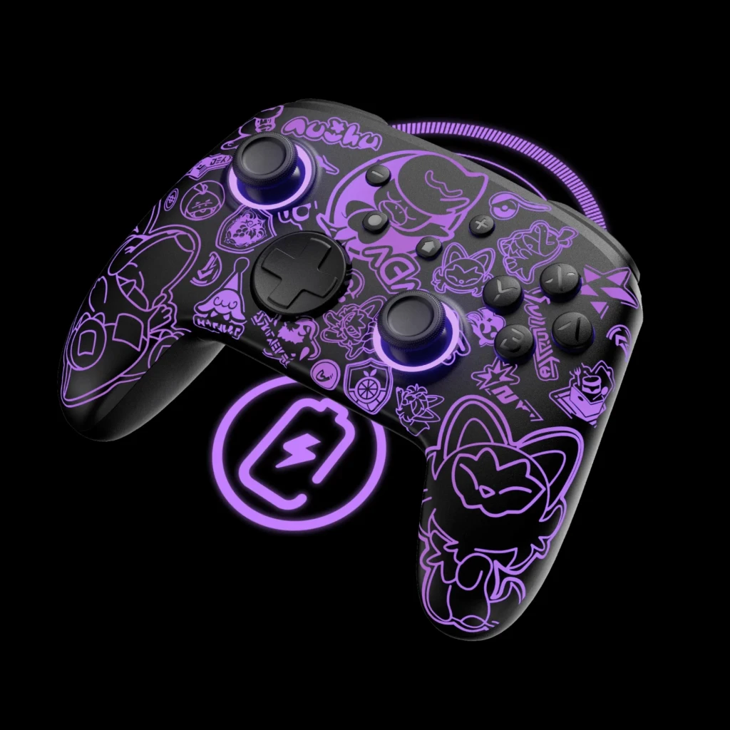 Mando inalámbrico FUNLAB Firefly Pro Edición Scarlet & Violet RGB con ilustraciones moradas, sticks y botones iluminados, acabado negro mate elegante