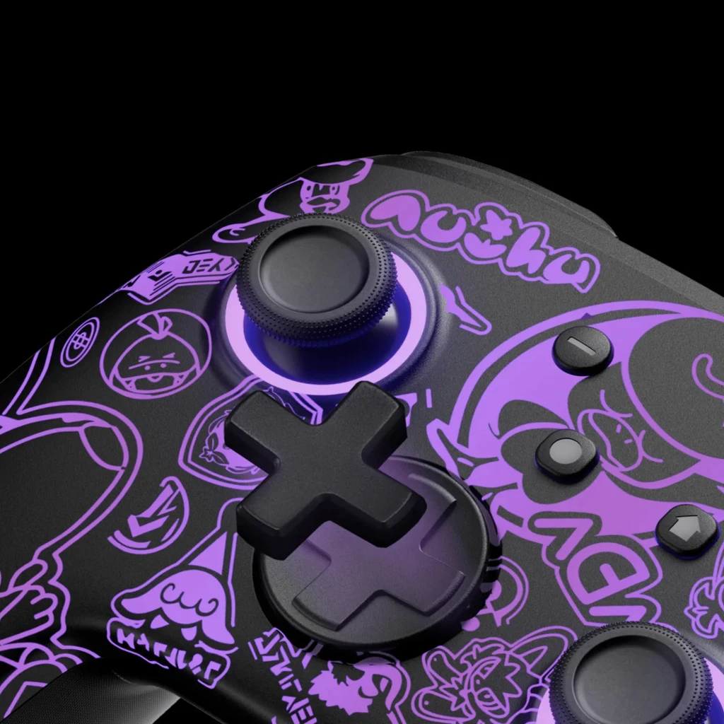 Mando inalámbrico FUNLAB Firefly Pro Edición Scarlet & Violet RGB con LED morado, cruceta y joystick texturizados, carcasa negra con gráficos violetas
